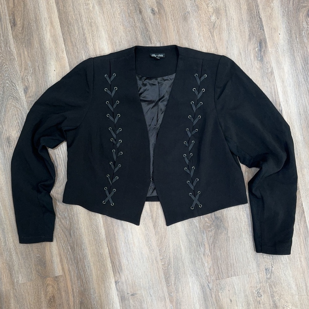 City Chic Crop Blazer Jacket, Lace-up Detailing, Black, Sz Small S 16